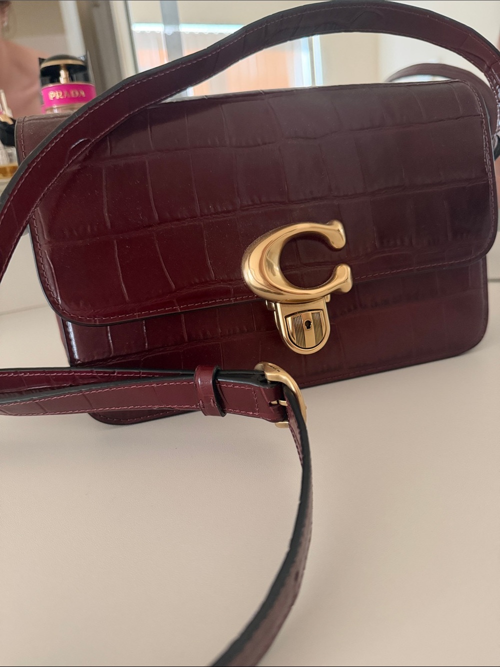 Coach Croc-Embossed Shoulder Bag in Burgundy with Gold Hardware